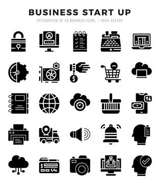 Simple Set of Business Start Up Related Vector Glyph Icons. Stock Illustration
