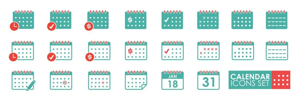 Simple Set of Calendar. Different styles of Solid and line icons vector Stockillustratie