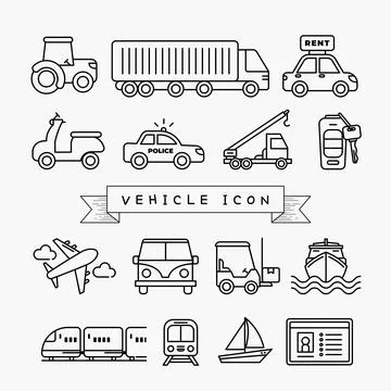 Simple set of car and public transportation related vector thin outline icons Stock Illustration
