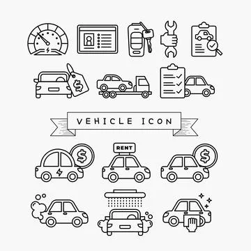 Simple set of car and public transportation related vector thin outline icons Stock Illustration