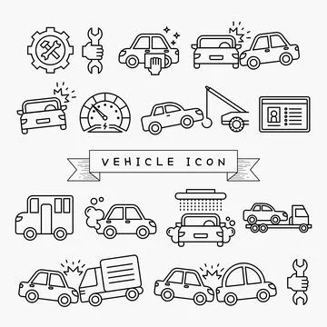 Simple set of car and public transportation related vector thin outline icons Stock Illustration