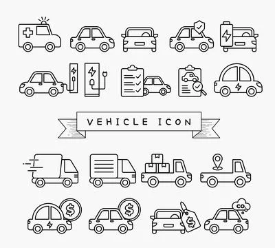 Simple set of car and public transportation related vector thin outline icons Stock Illustration