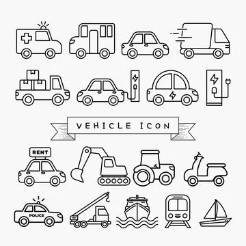 Simple set of car and public transportation related vector thin outline icons Stock Illustration