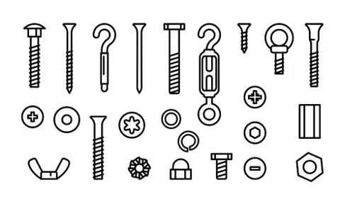 Simple set construction hardware vector line icons. Screws, bolts, nuts and Stock Illustration