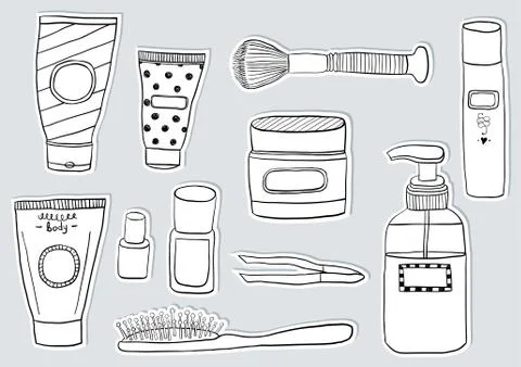 Simple Set of Cosmetics. Hand DrawVector Line Icons. Stock Illustration
