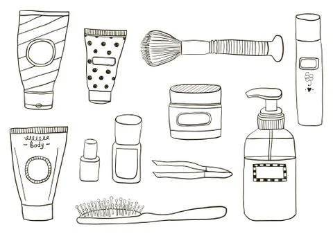 Simple Set of Cosmetics. Hand DrawVector Line Icons. Stock Illustration