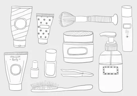 Simple Set of Cosmetics. Hand DrawVector Line Icons. Stock Illustration