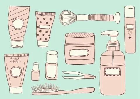 Simple Set of Cosmetics. Hand DrawVector Line Icons. Stock Illustration