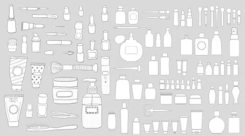 Simple Set of Cosmetics. Hand DrawVector Line Icons. Stock Illustration