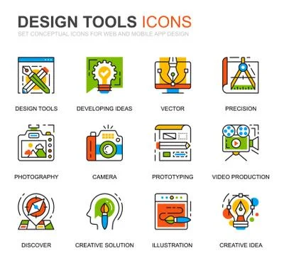 Simple Set Design Tools Line Icons for Website Stock Illustration