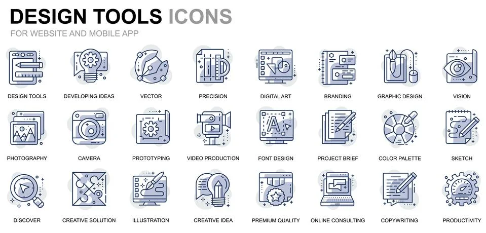 Simple Set Design Tools Line Icons for Website 库存插图