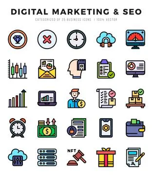 Simple Set of Digital Marketing &amp; SEO Related Vector Lineal Color Icons. Stock Illustration