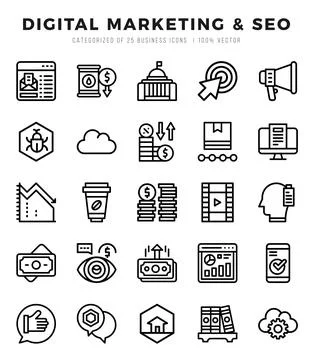 Simple Set of Digital Marketing &amp; SEO Related Vector Lineal Icons. Stock Illustration