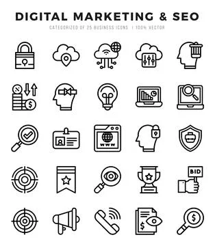 Simple Set of Digital Marketing &amp; SEO Related Vector Lineal Icons. Stock Illustration