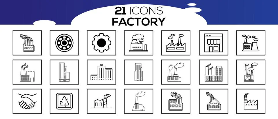 Simple Set of Factories Related Vector Line Icons.Icons as Truck Terminal, Po Illustrazione stock