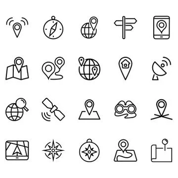 Simple set of map locations Icons Related Lines Icons. Stock Illustration