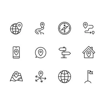 Simple set map pointer, navigation, globe, travel, location vector line icon Stock Illustration
