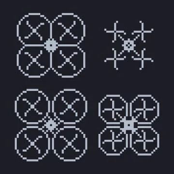 Simple set of pixel art style light blue quadcopter shape with four propellers Stock Illustration