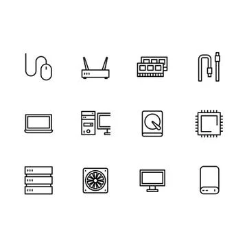 Simple set symbols computer hardware and components outline icon. Contains such 스톡 일러스트