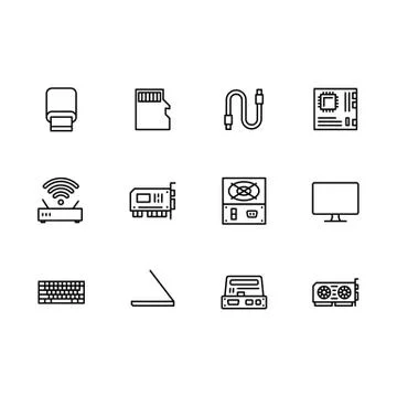 Simple set symbols computer hardware and components outline icon. Contains such Stock Illustration