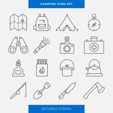Simple set of vector icons for outdoor recreation, hiking in the forest, camping Stock Illustration