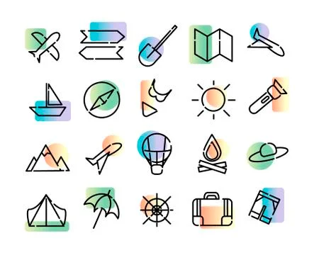 Simple set of vector icons of travel. Black dotted lines and colorful modern Stock Illustration