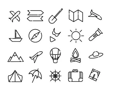 Simple set of vector icons of travel. Black dotted lines on a white backgroun 스톡 일러스트