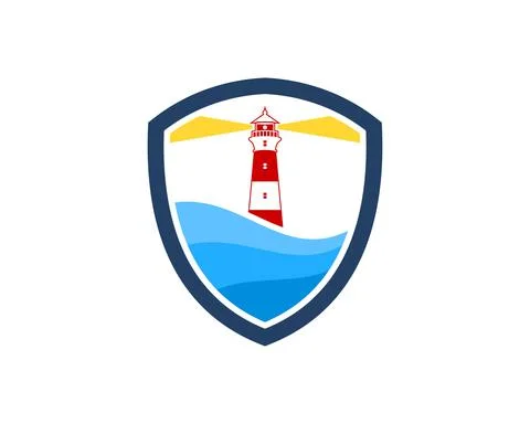Simple shield with abstract beach wave and lighthouse inside Stock Illustration