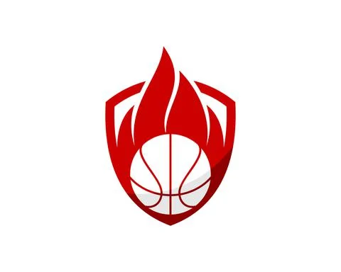 Simple shield with basket ball and fire flames Stock Illustration