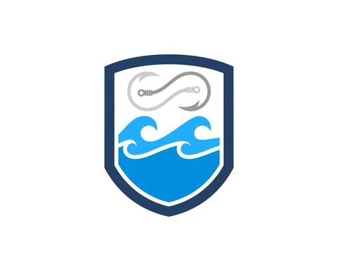 Simple shield with beach wave and infinity fishing bait Stock Illustration