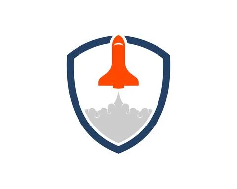 Simple shield with gliding space ship inside Stock Illustration