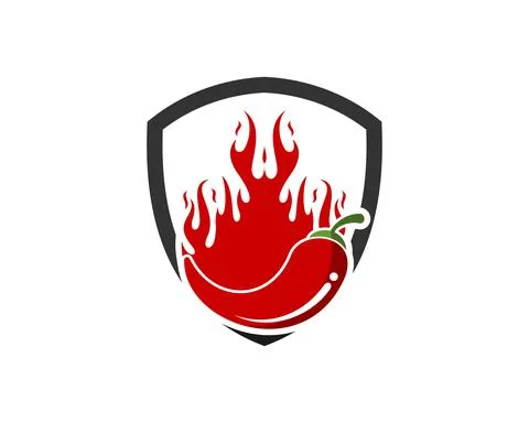 Simple shield with hot chilli and fire flame ion the top Illustrazione stock