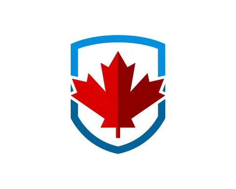 Simple shield with red maple leaf inside Stock Illustration