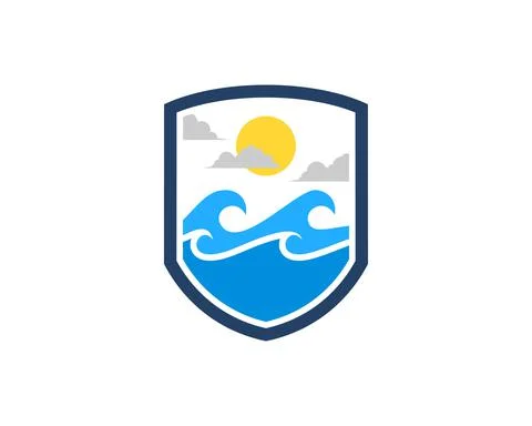 Simple shield with wave of beach and sun inside Illustrazione stock