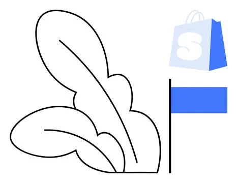 Simple Shopping Concept Art Featuring Leaf Outline and Blue Shopping Bag Illustrazione stock