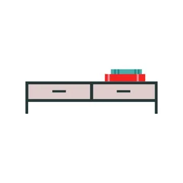 Simple short console table with drawers or TV stand with books stacked on top Illustrazione stock