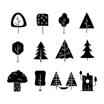 Simple silhouette tree icons collection. Line art trees. Stock vector linear Stock Illustration
