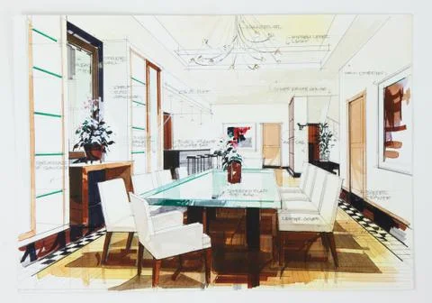 Simple sketch of an interior design of a dining room Stock Illustration