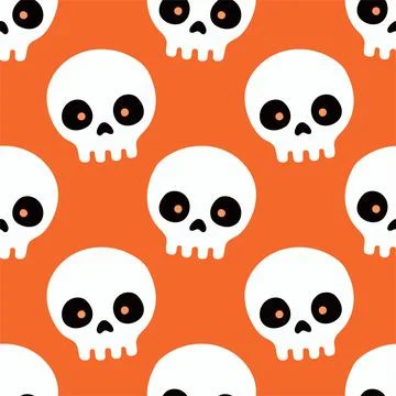 Simple skull hand drawn Halloween seamless pattern on orange background. Vector Stock Illustration