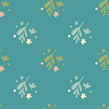 Simple small flowers and leaf seamless pattern on green background イラスト素材