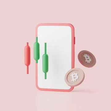 Simple smartphone with blank screen, candlesticks and bitcoins 3d render illu Stock Illustration