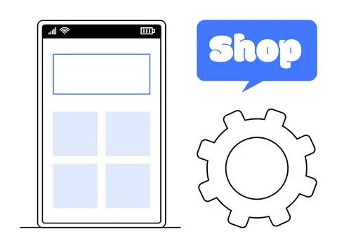 Simple smartphone interface with grid and blue elements, a blue bubble with t Stock Illustration