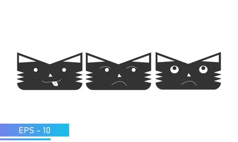 Simple solid color cat or tiger face with emotions, fanny, jealous, thinks Stock Illustration