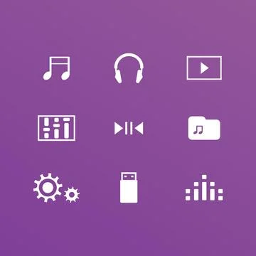 Simple solid white vector monocolor music icons Illustrazione stock