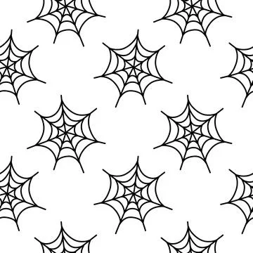 Simple spider web hand drawn Halloween seamless pattern on white background Stock Illustration
