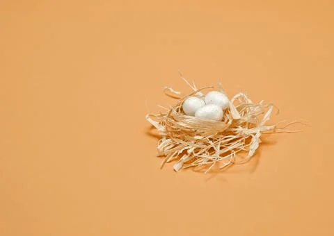 A simple spring concept. Small white eggs in a bright nest. Stock Photos