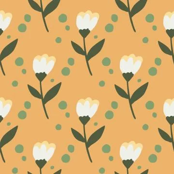 Simple spring seamless pattern with flower folk ornament. White botanic eleme 스톡 일러스트