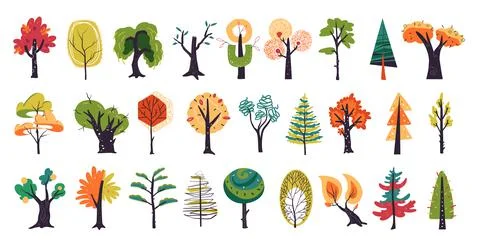 Simple spruce trees, hand drawn forest icons. Summer shrub, spring pine, vege Stock Illustration