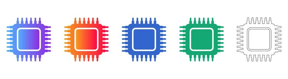 Simple Square Microchip Processor Icon Set Stock Illustration