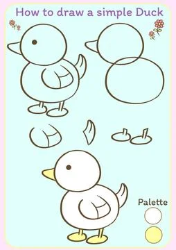 Simple steps how to draw a duck tutorial Worksheet for Children. Stock-Illustration